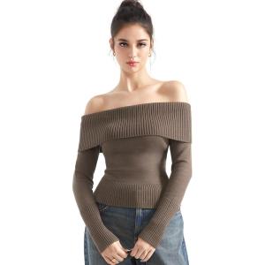 imageSUUKSESS Women Off Shoulder Sweaters Long Sleeve Ribbed Knit Going Out Fall Tops BlouseKhaki