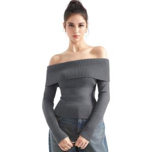 imageSUUKSESS Women Off Shoulder Sweaters Long Sleeve Ribbed Knit Going Out Fall Tops BlouseMid Grey