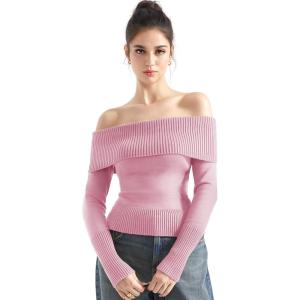 imageSUUKSESS Women Off Shoulder Sweaters Long Sleeve Ribbed Knit Going Out Fall Tops BlousePink