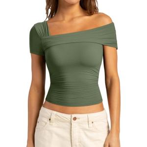 imageSUUKSESS Women One Off The Shoulder Summer Tank Tops Ruched Short Sleeve Shirts1 Army Green