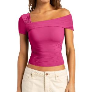 imageSUUKSESS Women One Off The Shoulder Summer Tank Tops Ruched Short Sleeve Shirts1 Hot Pink