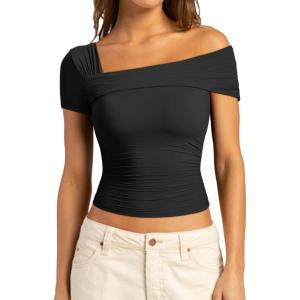 imageSUUKSESS Women One Off The Shoulder Summer Tank Tops Ruched Short Sleeve ShirtsBlack