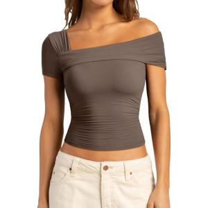 imageSUUKSESS Women One Off The Shoulder Summer Tank Tops Ruched Short Sleeve ShirtsBrown