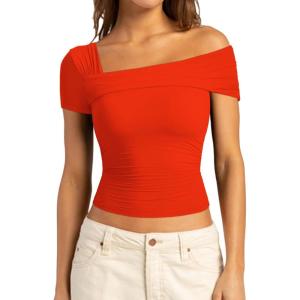 imageSUUKSESS Women One Off The Shoulder Summer Tank Tops Ruched Short Sleeve ShirtsRed