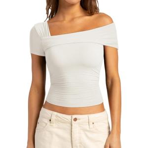 imageSUUKSESS Women One Off The Shoulder Summer Tank Tops Ruched Short Sleeve ShirtsWhite
