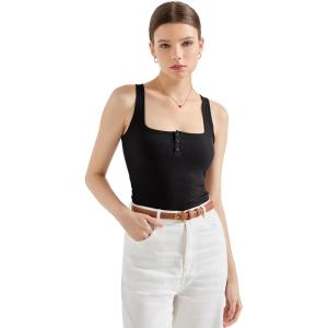 imageSUUKSESS Women Sexy Ribbed Square Neck Tank Tops with Built in Bra Summer Cotton Sleeveless Crop Going Out CamiBlack
