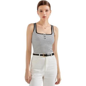 imageSUUKSESS Women Sexy Ribbed Square Neck Tank Tops with Built in Bra Summer Cotton Sleeveless Crop Going Out CamiBlack Striped