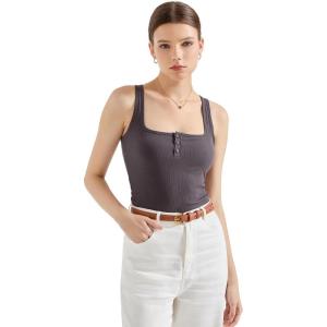 imageSUUKSESS Women Sexy Ribbed Square Neck Tank Tops with Built in Bra Summer Cotton Sleeveless Crop Going Out CamiDark Gray