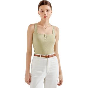 imageSUUKSESS Women Sexy Ribbed Square Neck Tank Tops with Built in Bra Summer Cotton Sleeveless Crop Going Out CamiGreen