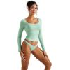 imageSUUKSESS Women Double Lined Fitted Basic T Shirts Scoop Neck Long Sleeve Crop TopAqua