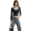 imageSUUKSESS Women Double Lined Fitted Basic T Shirts Scoop Neck Long Sleeve Crop TopBlack