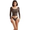 imageSUUKSESS Women Double Lined Fitted Basic T Shirts Scoop Neck Long Sleeve Crop TopBrown