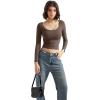 imageSUUKSESS Women Double Lined Fitted Basic T Shirts Scoop Neck Long Sleeve Crop TopBrown