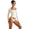 imageSUUKSESS Women Double Lined Fitted Basic T Shirts Scoop Neck Long Sleeve Crop TopWhite