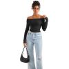 imageSUUKSESS Women Seamless Ribbed Long Sleeve Tops Boat Neck Modal Going Out Fitted ShirtBlack