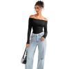 imageSUUKSESS Women Seamless Ribbed Long Sleeve Tops Boat Neck Modal Going Out Fitted ShirtBlack