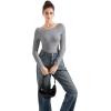 imageSUUKSESS Women Seamless Ribbed Long Sleeve Tops Boat Neck Modal Going Out Fitted ShirtGrey