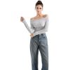 imageSUUKSESS Women Seamless Ribbed Long Sleeve Tops Boat Neck Modal Going Out Fitted ShirtLight Gray