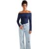 imageSUUKSESS Women Seamless Ribbed Long Sleeve Tops Boat Neck Modal Going Out Fitted ShirtNavy Blue