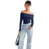 imageSUUKSESS Women Seamless Ribbed Long Sleeve Tops Boat Neck Modal Going Out Fitted ShirtNavy Blue