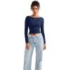 imageSUUKSESS Women Seamless Ribbed Long Sleeve Tops Boat Neck Modal Going Out Fitted ShirtNavy Blue