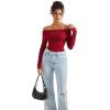 imageSUUKSESS Women Seamless Ribbed Long Sleeve Tops Boat Neck Modal Going Out Fitted ShirtWine Red