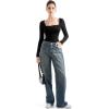 imageSUUKSESS Women Square Neck Ribbed Long Sleeve Shirts Lace Trim Y2k Crop TopBlack