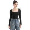 imageSUUKSESS Women Square Neck Ribbed Long Sleeve Shirts Lace Trim Y2k Crop TopBlack