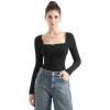 imageSUUKSESS Women Square Neck Ribbed Long Sleeve Shirts Lace Trim Y2k Crop TopBlack