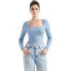 imageSUUKSESS Women Square Neck Ribbed Long Sleeve Shirts Lace Trim Y2k Crop TopBlue