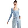 imageSUUKSESS Women Square Neck Ribbed Long Sleeve Shirts Lace Trim Y2k Crop TopBlue