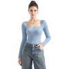 imageSUUKSESS Women Square Neck Ribbed Long Sleeve Shirts Lace Trim Y2k Crop TopBlue