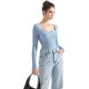 imageSUUKSESS Women Square Neck Ribbed Long Sleeve Shirts Lace Trim Y2k Crop TopBlue