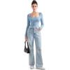 imageSUUKSESS Women Square Neck Ribbed Long Sleeve Shirts Lace Trim Y2k Crop TopBlue