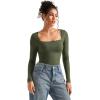 imageSUUKSESS Women Square Neck Ribbed Long Sleeve Shirts Lace Trim Y2k Crop TopGreen