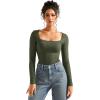 imageSUUKSESS Women Square Neck Ribbed Long Sleeve Shirts Lace Trim Y2k Crop TopGreen