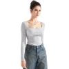 imageSUUKSESS Women Square Neck Ribbed Long Sleeve Shirts Lace Trim Y2k Crop TopGrey