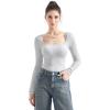 imageSUUKSESS Women Square Neck Ribbed Long Sleeve Shirts Lace Trim Y2k Crop TopGrey