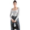 imageSUUKSESS Women Square Neck Ribbed Long Sleeve Shirts Lace Trim Y2k Crop TopGrey