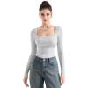 imageSUUKSESS Women Square Neck Ribbed Long Sleeve Shirts Lace Trim Y2k Crop TopGrey