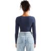 imageSUUKSESS Women Square Neck Ribbed Long Sleeve Shirts Lace Trim Y2k Crop TopNavy Blue