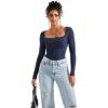 imageSUUKSESS Women Square Neck Ribbed Long Sleeve Shirts Lace Trim Y2k Crop TopNavy Blue