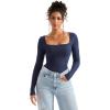 imageSUUKSESS Women Square Neck Ribbed Long Sleeve Shirts Lace Trim Y2k Crop TopNavy Blue