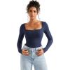 imageSUUKSESS Women Square Neck Ribbed Long Sleeve Shirts Lace Trim Y2k Crop TopNavy Blue