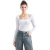 imageSUUKSESS Women Square Neck Ribbed Long Sleeve Shirts Lace Trim Y2k Crop TopWhite