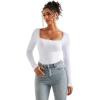 imageSUUKSESS Women Square Neck Ribbed Long Sleeve Shirts Lace Trim Y2k Crop TopWhite