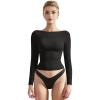 imageSUUKSESS Women Crew Neck Long Sleeve T Shirts Double Lined Tight Fitted Crop TopBlack