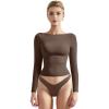 imageSUUKSESS Women Crew Neck Long Sleeve T Shirts Double Lined Tight Fitted Crop TopBrown