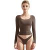 imageSUUKSESS Women Double Lined Fitted Basic T Shirts Scoop Neck Long Sleeve Crop TopBrown