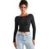 imageSUUKSESS Women Seamless Ribbed Long Sleeve Tops Boat Neck Modal Going Out Fitted ShirtBlack